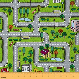 Feelyou Cartoon Car Road Fabric by The Yard, Kids Cars Vehicles Race Track Upholstery Fabric for Chairs Sofa Couch, Street Roadway Activity Outdoor Fabric Waterproof, 3 Yards, Gray Green