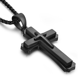 ZDaoBen Men Cross Necklace Large Cross Necklace for Men Stainless Steel Cross Pendant Necklace Large Jesus Christ Cross Necklace 316L Stainless Steel Heavy Black Cross Necklace for Men Chain 26"