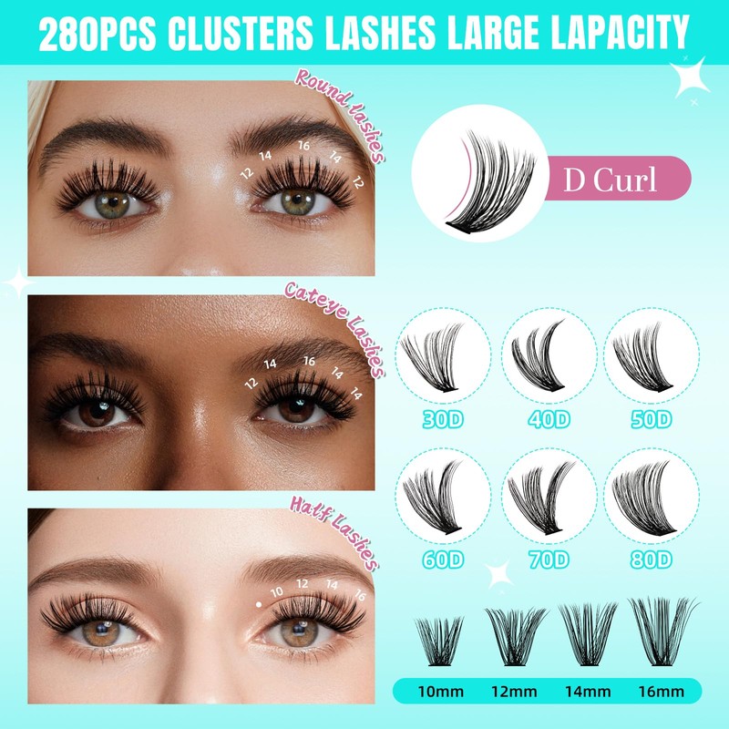 Lash Clusters Wispy 280PCS Eyelash Extension 40D 50D Cluster Lashes