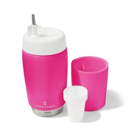 Pour Caddy Golf Flask Set, Insulated Stainless Steel Liquor Dispenser with Leakproof Pour Spout, Hidden Shot Cups, Removable Base, Portable Golf Bar Set, 20 oz, Passion Pink