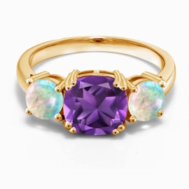 Gem Stone King 18K Yellow Gold Plated Silver Purple Amethyst and Simulated White Opal 3 Stone Engagement Ring For Women (3.10 Cttw, Gemstone Birthstone, Cushion 8MM, Available in Size 5,6,7,8,9)
