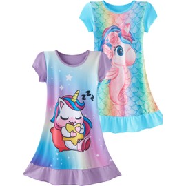 SOIBEEN Girls' Nightgowns 2-Pack Nightgowns Long Sleeve Short Sleeve Nightdress Cotton Nightdress for Girls 2-9 Years, Unicorn Shorts Purple Blue