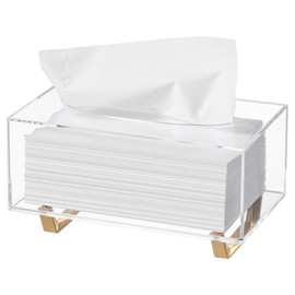 HBlife Clear Tissue Box Cover Rectangle Acrylic Tissue Box Holder with Gold Plated Legs Napkin Dispenser Dryer Sheet Container for Bathroom