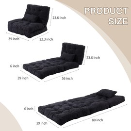 EBENCHICO 3 Folding Bean Bag Bed Convertible Lazy Sofa Bed Foldable Sofa Chair Bed Convertible Matter with Pillow, Portable Fold Chair Folding Floor Couch for Living Room, Bedroom,Black (Twin)