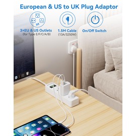 European to UK Plug Adapter, US to UK Plug Adapter 3 Outlets for European/American Electronic Devices, Travel from France, Spain, Germany, United States, Canada, 13A/3250W