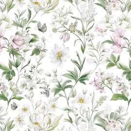 Livebor Floral Peel and Stick Wallpaper Floral Boho Contact Paper 16.9" x 118.1" Green Leaf Flower Wallpaper Peel and Stick Butterfly Botanical Self Adhesive Wall Paper for Bathroom Cabinets Vinyl