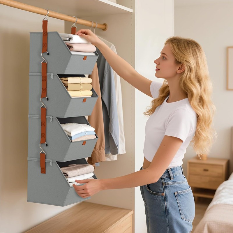 2-Pack 4-Tier Hanging Closet Organizer Shelves, Foldable Non-Woven Fabric Wardrobe