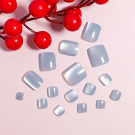 Gray Blue Cat Eye Press on Toenails Short Square Fake Toe Nails with Glitter Design Glue on Toenails Summer False Toenails Glossy Artificial Stick on Toenails for Women 24Pcs
