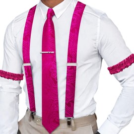 Barry.Wang Hot Pink Suspenders for Men Paisley X Type Necktie Armbands Tie Clip Set Formal Gatsby Costume Wedding Party Prom