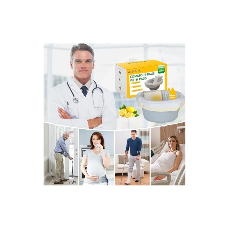 Bedside Commode Liners with Pads | 100 Commode Bags+100 Absorbent