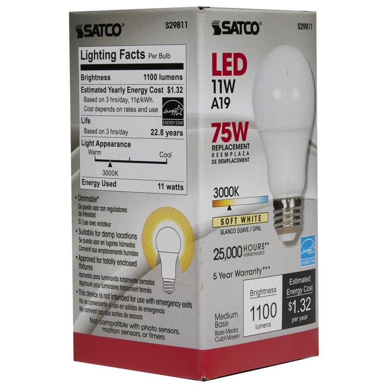 Satco Lighting S29811-11 Watt A19 LED Dimmable Frosted Light Bulbs