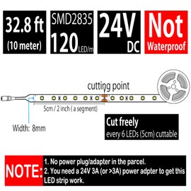 HAUTY Non-Waterproof Yellow LED Strip Light, 32.8ft/10m SMD2835 120LEDs/m DC24V 8mm Width Flexible Cuttable LED Tape for Indoor Decor (No 24V Power Plug/Adapter)