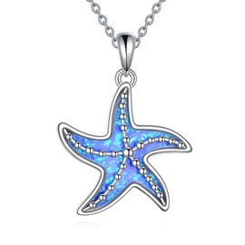 ZPMMPZ Starfish Necklace 925 Sterling Silver Ocean Pendant Necklace Blue Opal Jewelry Gifts for Women Mom Friends