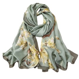 FAIRYGATE Green Scarf Silk Scarfs for Women Fashion Long Satin Lightweight Wrap Warm Headscarf Sunscreen Shawls Large Elegant Shawl Wraps Floral Printed 43025