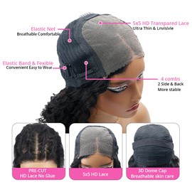 Lysilf 250% Density 5x5 HD Lace Closure Wigs Human Hair Deep Wave Lace Front Wigs for Women Wear and Go Glueless Wigs Human Hair Pre Plucked Pre Cut Deep Curly Lace Front Wig Human Hair (#1B,18Inch)