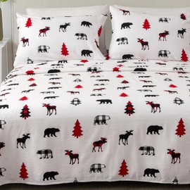 Great Bay Home 4 Piece 100% Turkish Cotton Full Holiday Flannel Sheet Set | Cotton Christmas Bedding Sheets & Pillowcases | Warm, Double-Brushed Bed Sheets (Full, Checkered Moose)