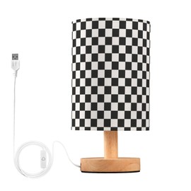 BOENLE Bedside Lamp Black White Checkered Pattern Table Lamp for Bedroom LED Nightstand Lamp Shade USB Ports Wood Base for Living Room Dorm Office