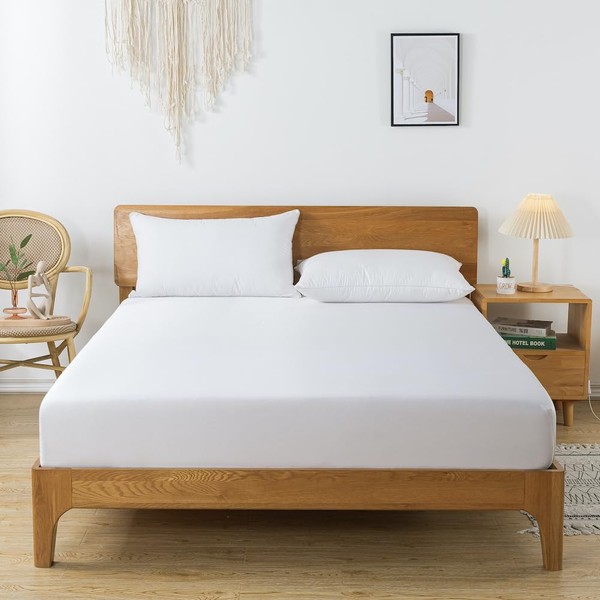 bienDo Bamboo Fitted Sheet, White, King, 100% Natural Bamboo-Silk Alternative,