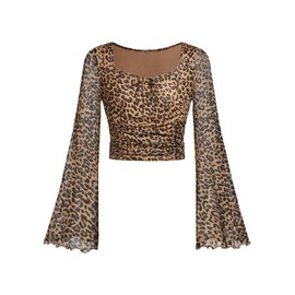 Floerns Girls Bell Long Sleeve Square Neck Asymmetrical Hem Mesh Ruched Crop Tops Tees Brown Leopard 10Y