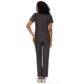 COZYFIT Scrubs for Women - Mock Wrap Top & Straight Leg Pants with 6 Pockets, Back Princess Seams, Soft Fabric Medical Scrubs Set Workwear for Women, Dark Grey, M