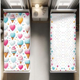 Ambesonne Colorful Design Fitted Sheet Set, Delicate Ice Cream and Heart Pattern with Polka Dot Ornaments, 2 Pack Comfortable Bedding All-Round Elastic Pocket, Twin Size, Multicolor Multicolor