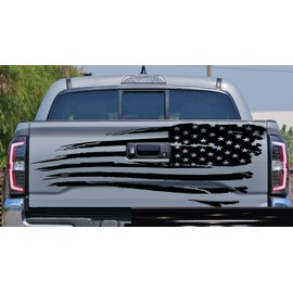 Tailgate American USA Flag Rear Door or Window Decal Sticker Car Truck Van Stickers fits Toyota Tacoma or Medium Size Pick up Truck or Jeep Auto or Cars. Reversed, Stars on The Right. - Black