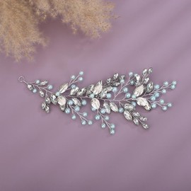 Deniferymakeup Rhinestone Bridal Hair Vine Pearl Wedding Headband Rhinestone Bride Headpiece Leaf Hair Accessories for Women and Girls (Light Blue2)