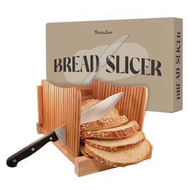 VersaLane Bamboo Bread Slicer with Knife - Adjustable Bread Cutter for Homemade Bread, Professional Kitchen Tool for Sourdough, Loaves, Bagels, and Cakes