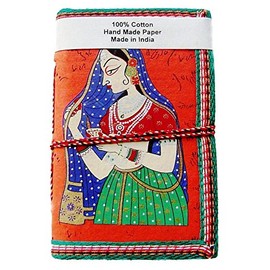 purpledip diario, diario, cuaderno con pintada a mano Rajasthani Mujer/Ragini en papel hecho a mano tradicional de la India Bhai Khata estilo (10406)
