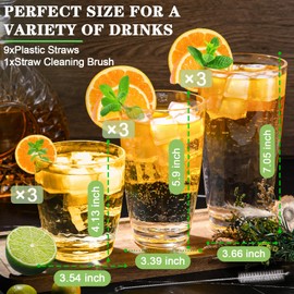 Zioffiel 9 Pcs Plastic Drinking Tumblers Set of 14/18/24 oz, Acrylic Drinking Glasses with Straw&PP Brush, BPA-Free, Stackable Water Cups, Clear Cups for Juice, Wine (14/18/24 oz-9 pcs)