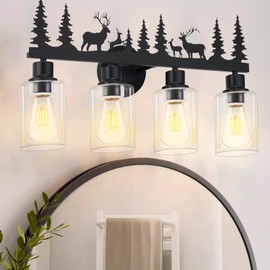 Monyohame Rustic Bathroom Light Fixtures, 4-Light Black Vanity Lights with Farmhouse Deer Design, Clear Glass Shade, Bathroom Wall Lamp for Mirror Kitchen, Living Room, Hallway, Cabinet, Porch