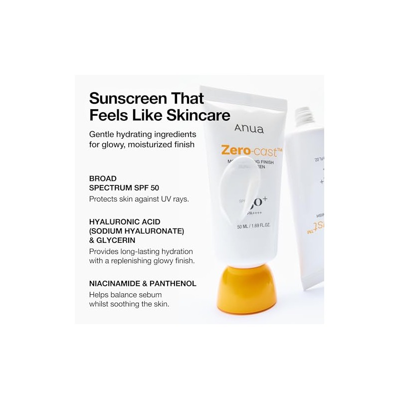 Anua, Protector solar hidratante Zero-Cast SPF 50, protector solar natural