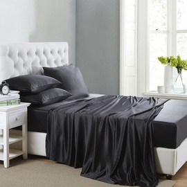 Lanest Housing Silk Satin Sheets, 6-Pieces King Size Satin Bed Sheet Set with Deep Pockets, Cooling and Soft Sheets King - Black