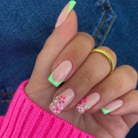 24pcs Square False Nails French Tip Stick on Nails Green Edge Press on Nails with Pink Flowers Removable Glue-on Nails Full Cover Fake Nails Women Girls Nail Art Accessories