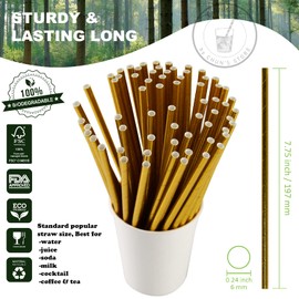 Gold Paper Straws Bulk 1000 Counts, 7.75" x0.24" - for Party, Wedding, Drinks and Cocktail