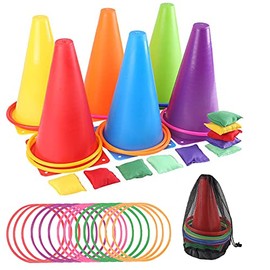 Coriver 32 Pcs Ring Toss Game Set, 3 in 1 Carnival Combo Set with Bean Bags, Plastic Hoops, Cone Markers and Carry Mesh Bag, Kids Agility Training Games for Indoor Outdoor Sports Course Yard Lawn
