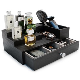 UUyuality Pine Wood Cologne Stand Organizer for Men, 3 Tier Cologne Display Shelf Organizer with Hidden Compartment and Velvet Lining Drawer, Perfume Display Holder