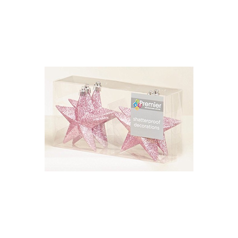 6 x Dusky Pink Glitter Star Christmas tree Bauble decorations