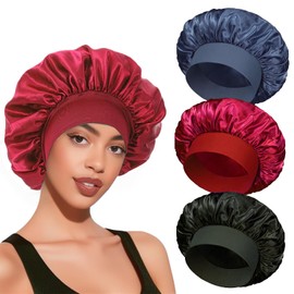 Mipoclea Pack of 3 Silk Bonnet Satin Bonnet, Hair Cap for Curly Hair, Sleep Cap for Women and Girls with Curly Hair for Sleeping, Night Sleep Cap with Elastic Soft Band, Large Cap