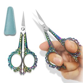 1 Piece Scissors, Small Scissors, Sharp Scissors, Pointed Scissors, Craft Scissors, High-Quality Stainless Steel Scissors, Retro Style, with PU Leather Cover, for Needlework, Arts, Daily Use (Colour