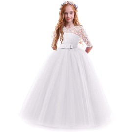 IBTOM CASTLE Girls Flower Vintage Floral Lace 3/4 Sleeves Floor Length Dress Wedding Party Evening Formal Pegeant Dance Gown White 9-10 Years