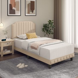 Giantex Twin Upholstered Bed Frame, Linen Platform Bed w/Rivet Headboard, Heavy Duty Mattress Foundation with Solid Wooden Slat Support, No Box Spring Needed, Easy Assembly, Beige