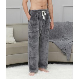 Cromoncent Men's Plush Warm Pajama Pants, Winter Cozy Fleece Lounge Sleepwear Pj Bottoms,Gray,XX-Large