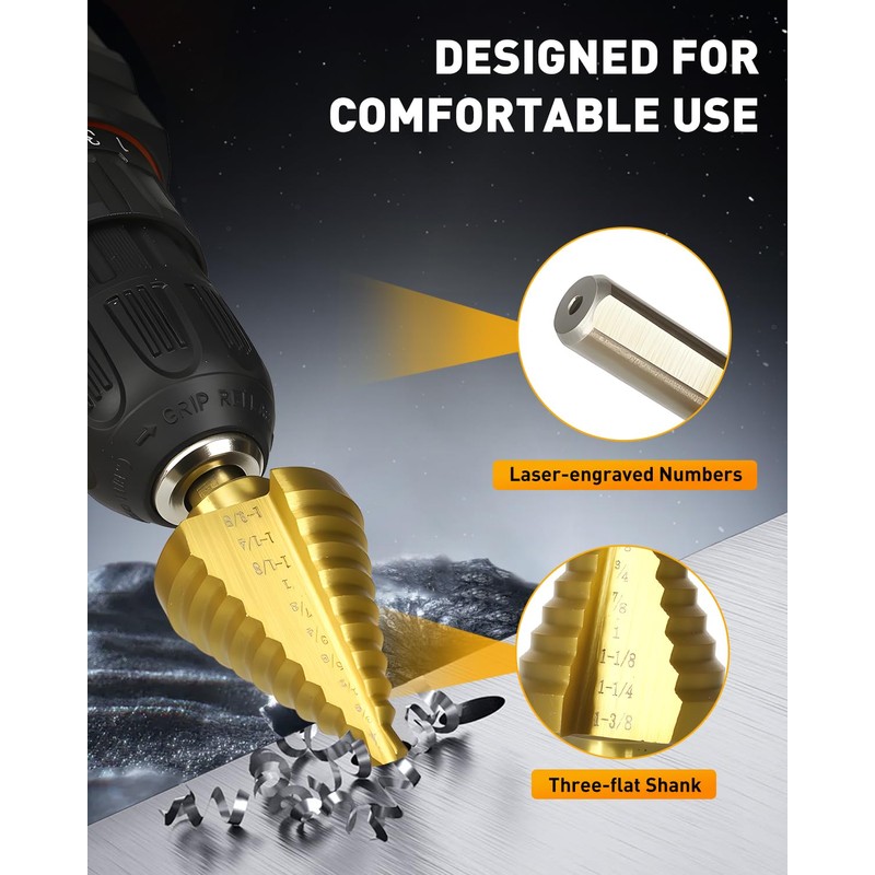 COMOWARE Step Drill Bit for Metal, Titanium Coated, Double Cutting