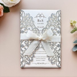 KUCHYNEE 5.12 x7.28 inch 50PCS Blank Silver Laser Cut Wedding Invitations with Envelopes & Bowknot Quinceanera Invitation for Wedding Invite