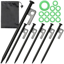 6 Pcs Ground Pegs 20 cm, Tent Pegs Metal Heavy Duty with Luminous Ring and Pouch, Tent Stakes Reusable Black for Outdoor Activities and Home Gardens