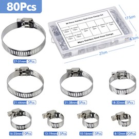 80 Pcs Hose Clamps 6-51mm Adjustable Hose Clip Jubilee Clips Collet de Serrage Tuyau 304 Stainless Steel Pipe Clamps Assortment Kit