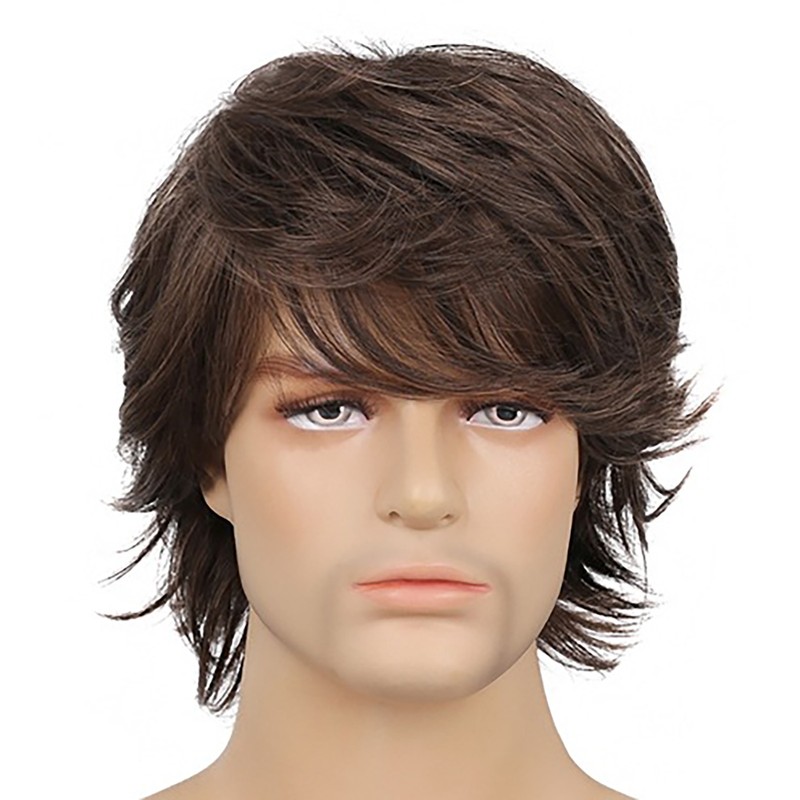 Mens Short Wig with Long Bangs Adjustable Brown Soft Simulation