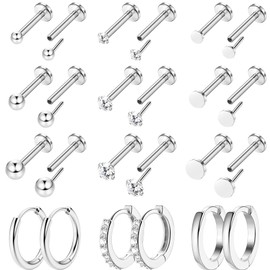 Morfetto 12 Pairs Tiny Stud Hoop Earring 18K Gold Plated Stainless Steel Earring Sets for Multiple Piercing Small Threadless Flat Back Earrings Cartilage Hoop Earrings Silver A