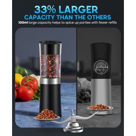 Gravity Electric Salt and Pepper Grinder Set, USB-C Rechargeable Salt and Pepper Mill with 100ml Larger Capacity, White Light, One Hand Automatic Operation, Black, 2Pack